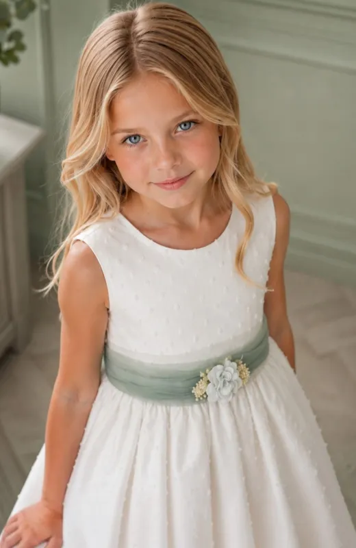 Vestido niña Arras plumeti fajín verde Iria