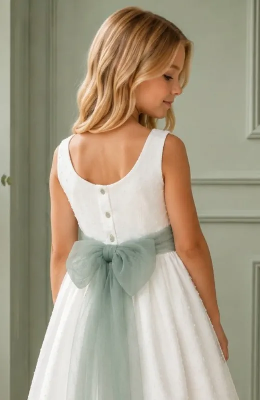 Vestido niña Arras plumeti fajín verde Iria