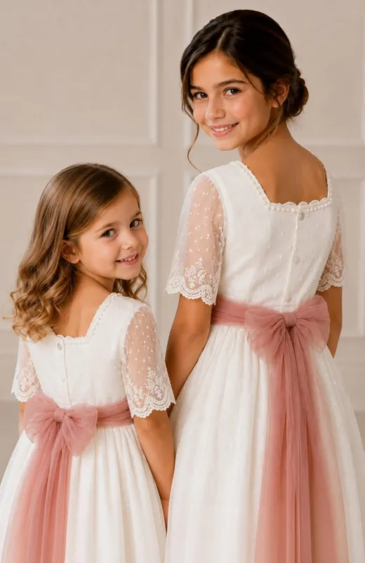 Vestido niña ceremonia con fajín rosa Kiara