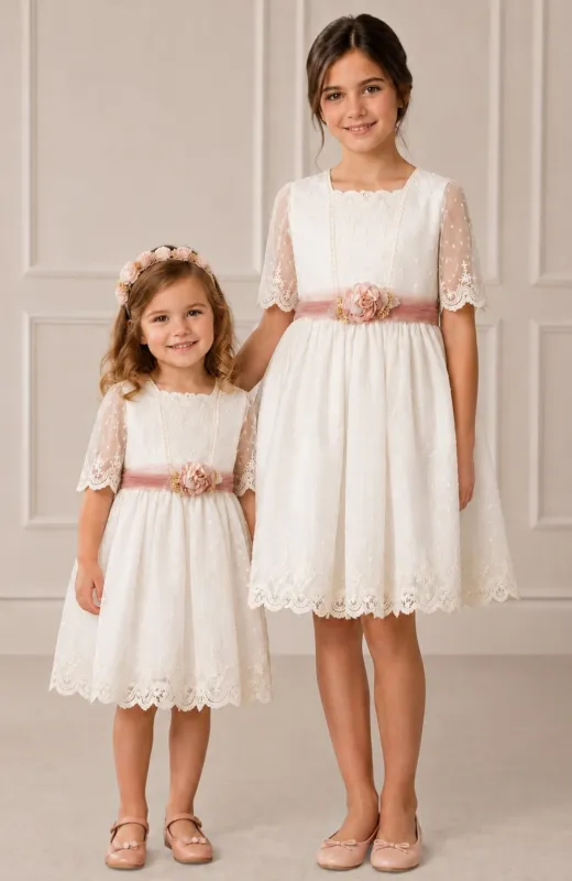 Vestido niña ceremonia con fajín rosa Kiara