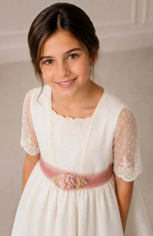 Vestido niña ceremonia con fajín rosa Kiara