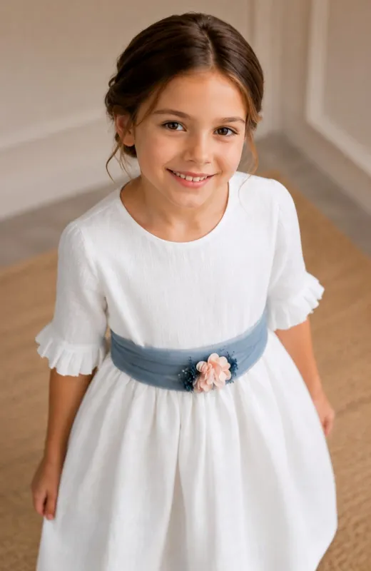 Vestido niña ceremonia lino fajín azul Lua