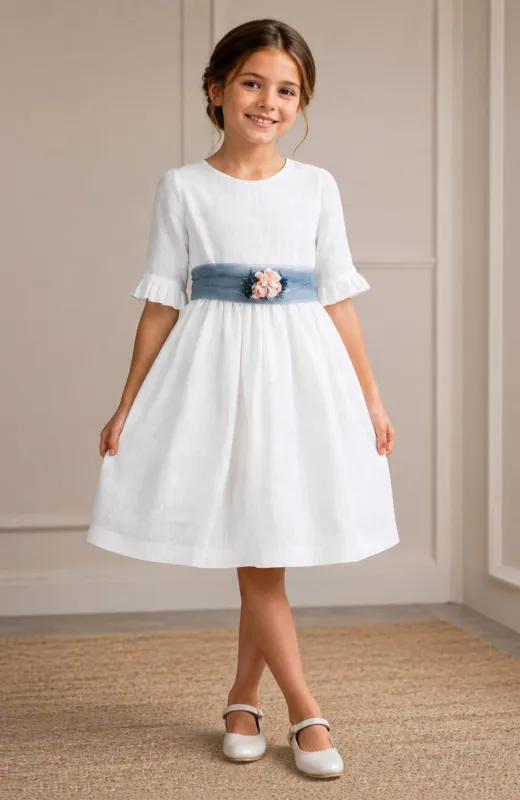 Vestido niña ceremonia lino fajín azul Lua