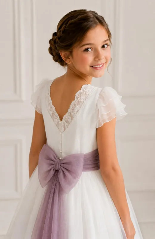 Vestido de Comunión con fajín morado Cala