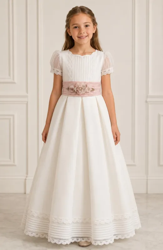 Vestido de Comunión con fajín rosa Nacar