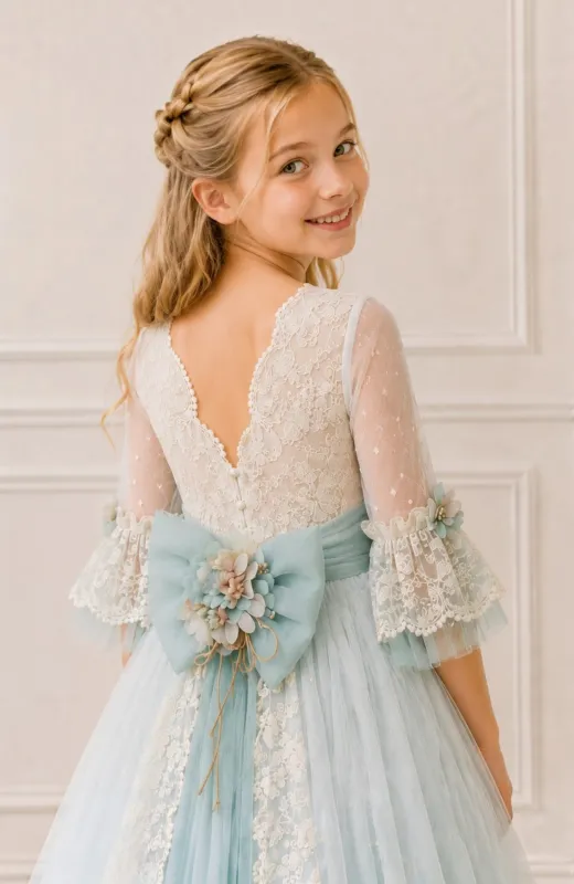 Vestido de comunión con fajín verde Perla