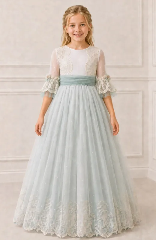 Vestido de comunión con fajín verde Perla