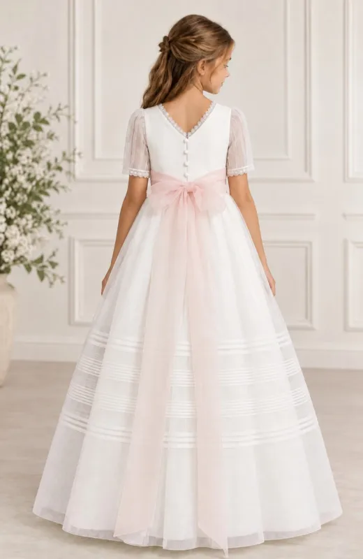 Vestido Comunión jaretas fajin rosa Borax