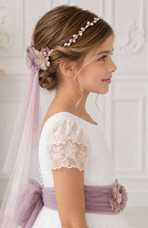 Vestido de Comunión con fajín morado Cala