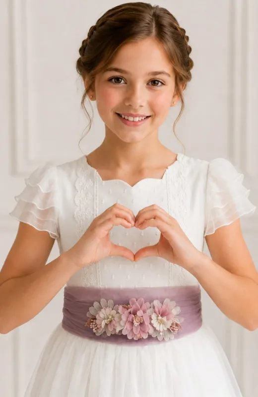 Vestido de Comunión con fajín morado Cala