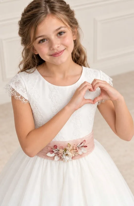 Vestido Comunión niña falda capa fajin rosa Creta