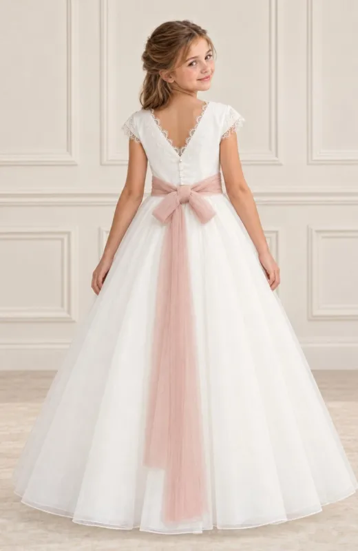 Vestido Comunión niña falda capa fajin rosa Creta