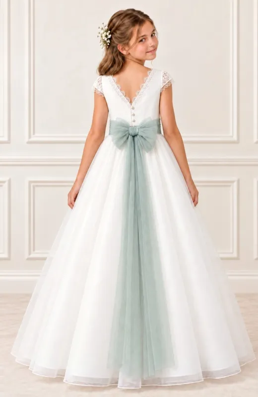 Vestido Comunión falda capa Creta fajin verde