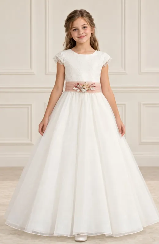 Vestido Comunión niña falda capa fajin rosa Creta