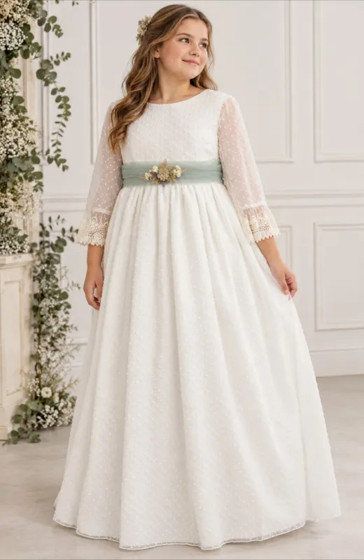 Vestido Comunión plumeti  fajin verde Flor