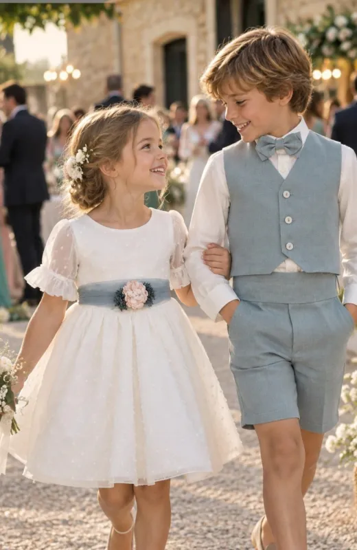 Vestido niña Arras de plumeti con manga francesa y fajín azul Gala