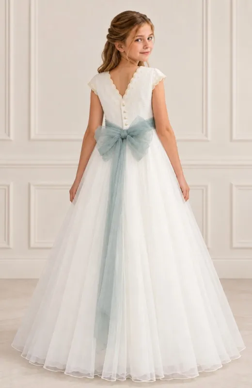 ¡Vestido Comunión capa fajin verde Jade