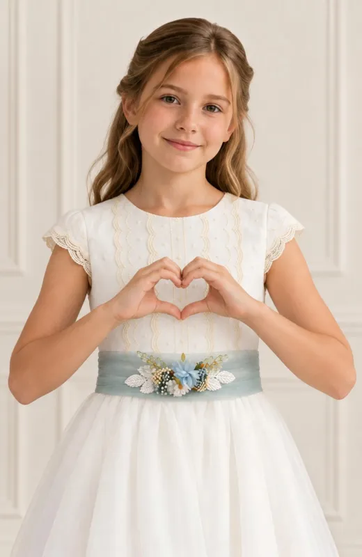 ¡Vestido Comunión capa fajin verde Jade
