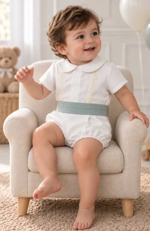 Traje Bautizo lino fajin verde Leo