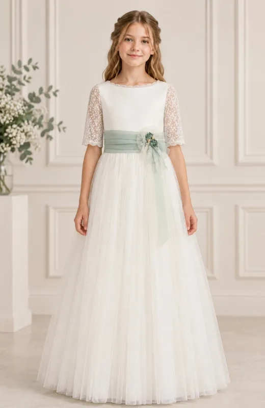 Vestido Comunión fajín verde Mica