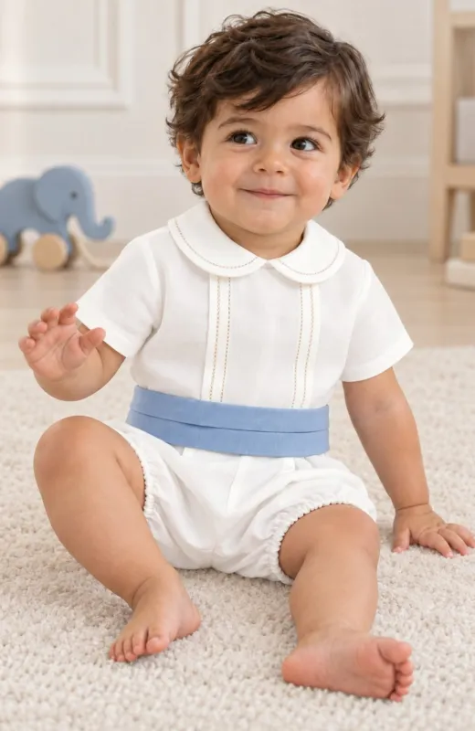 Traje niño Bautizo con vainicas y fajin azul Muse