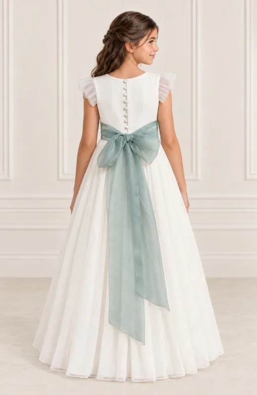 Vestido Comunión jaretas fajin verde Oro