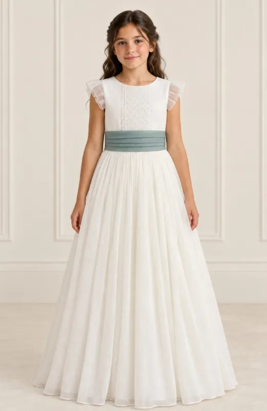 Vestido Comunión jaretas fajin verde Oro