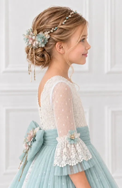 Vestido de Comunión con fajín verde Perla