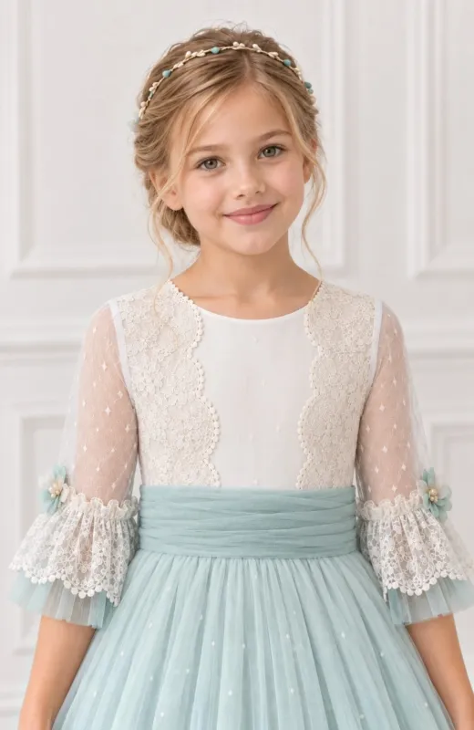 Vestido de Comunión con fajín verde Perla