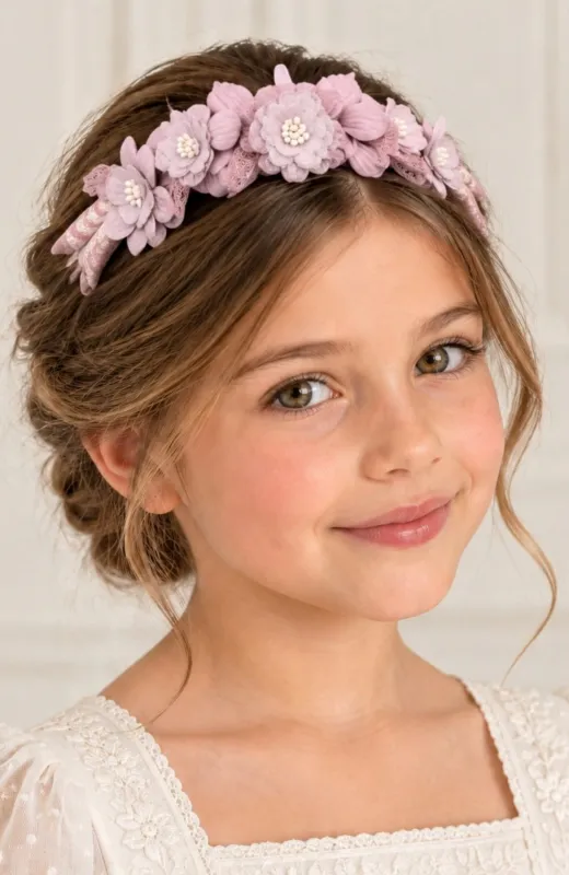 Corona niña ceremonia rosa Verderón