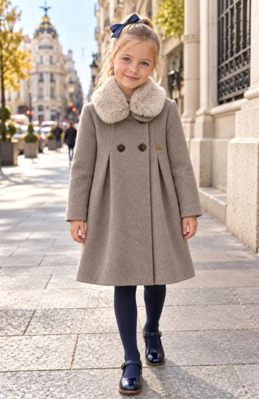 Abrigo niña paño lavable cuello desmontable marron