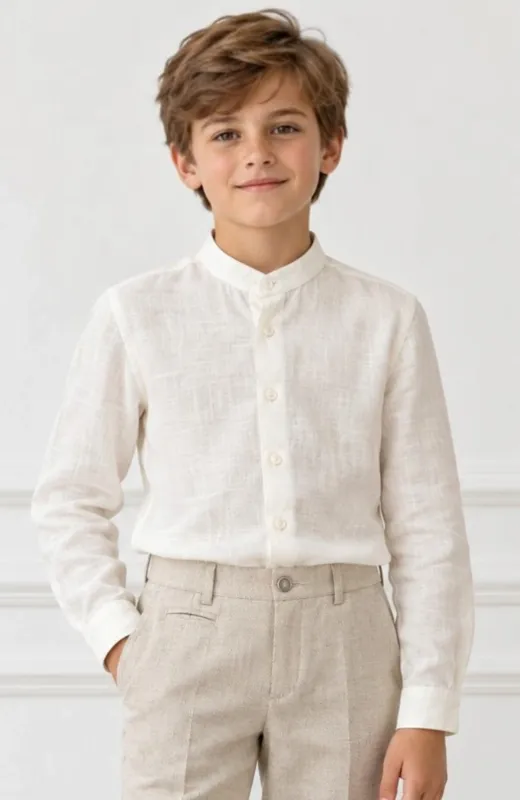 Camisa niño lino ceremonia  cuello mao crudo Pava