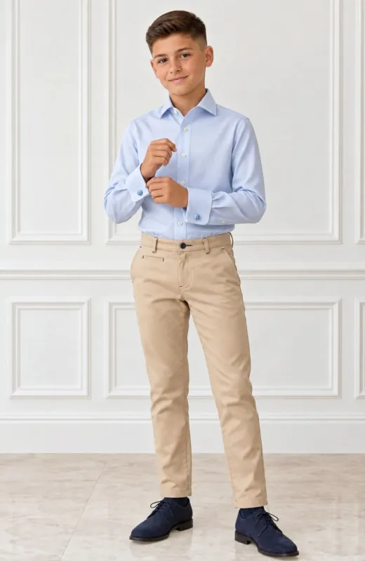 Camisa niño vestir piqué azul con cuello italiano y puño doble con gemelos