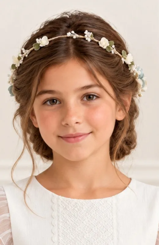 Corona flores niña ceremonia Comunión verde Coro