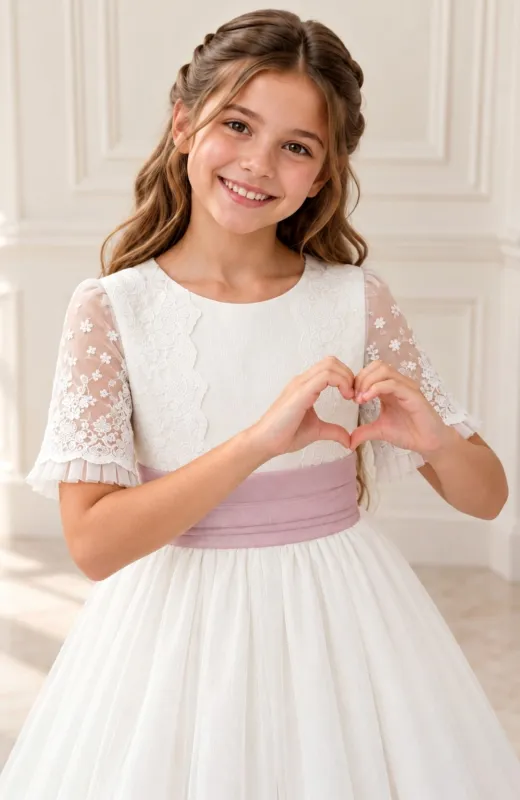 Vestido niña Comunión bordado fajín morado Secha
