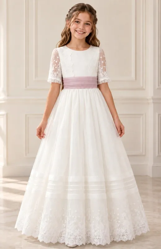 Vestido niña Comunión bordado fajín morado Secha