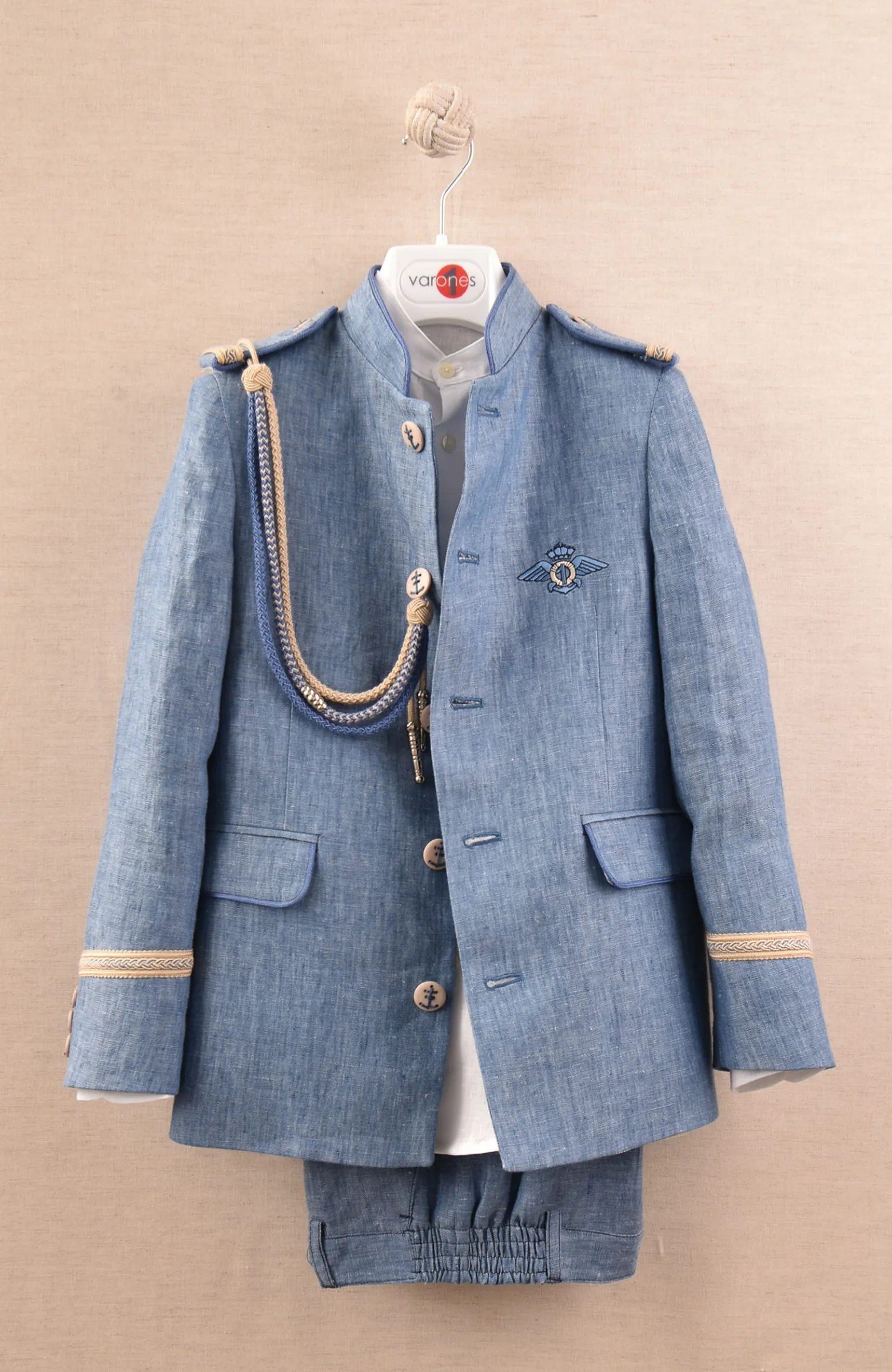 Traje de Comunión Almirante lino azul cuello mao, con camisa blanca de cuello mao