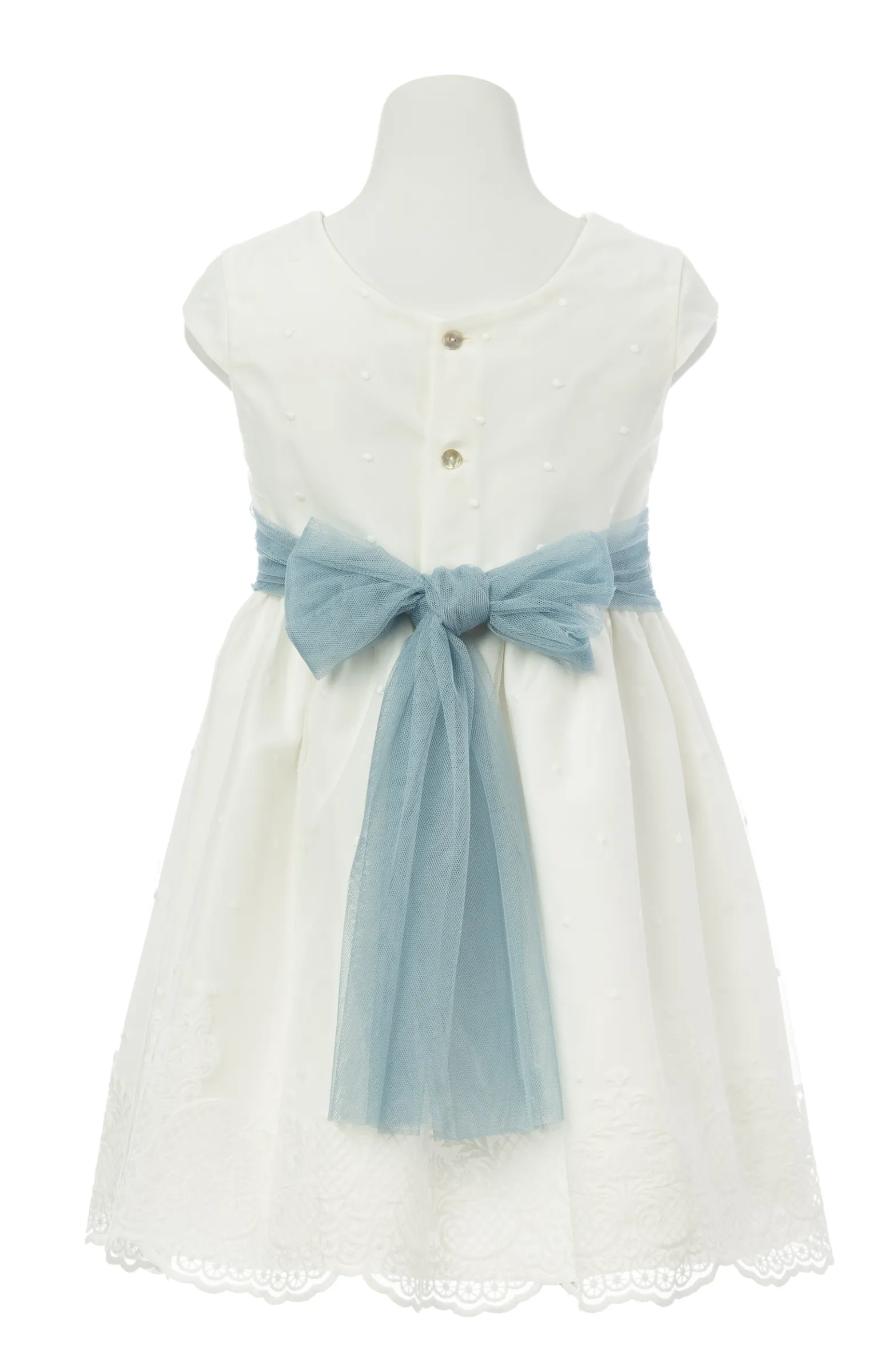 Vestido niña Ceremonia bordado fajín azul,con escote espalda