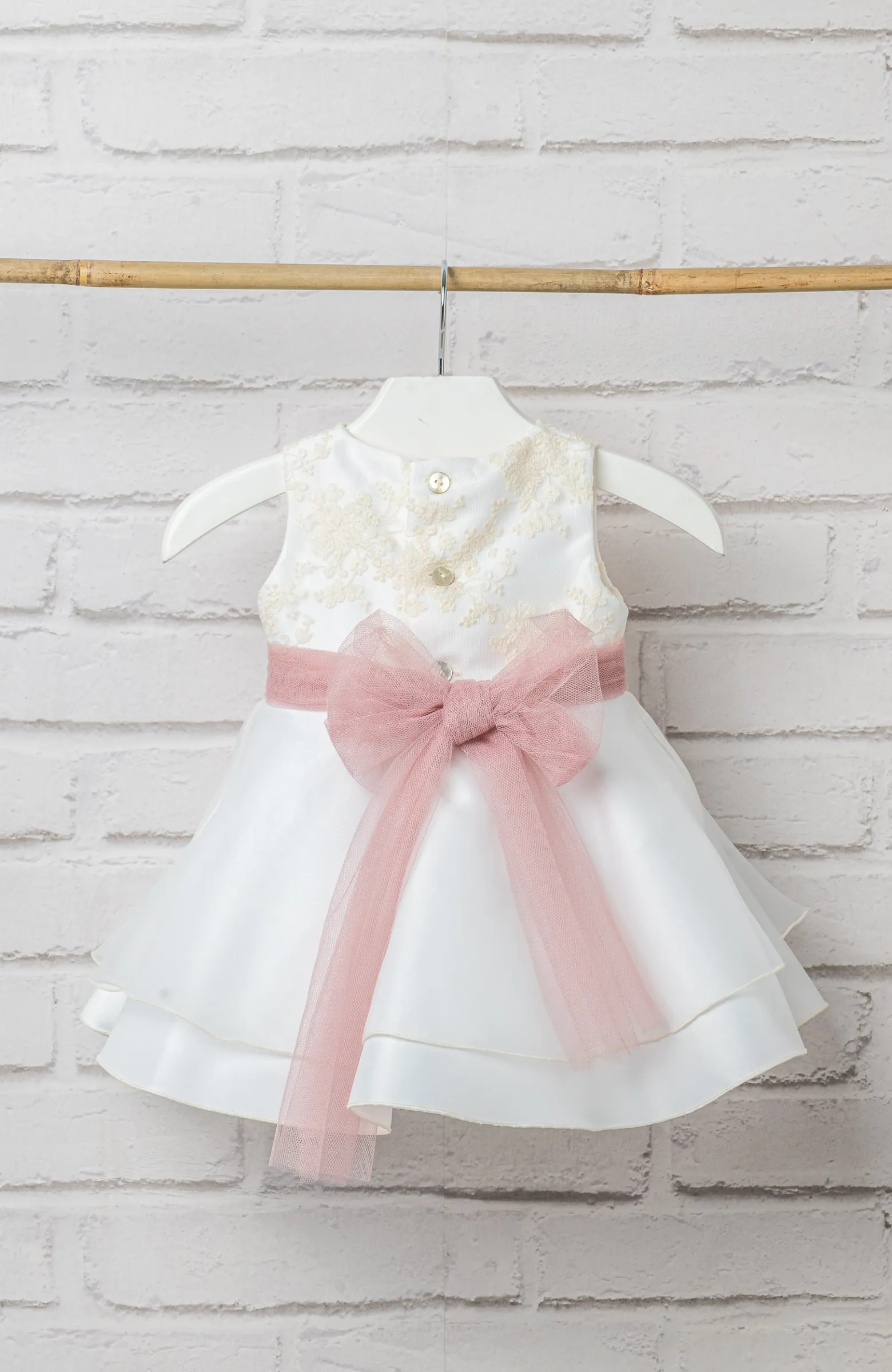 Vestido bautizo niña bebé falda capa fajín rosa espalda con lazada