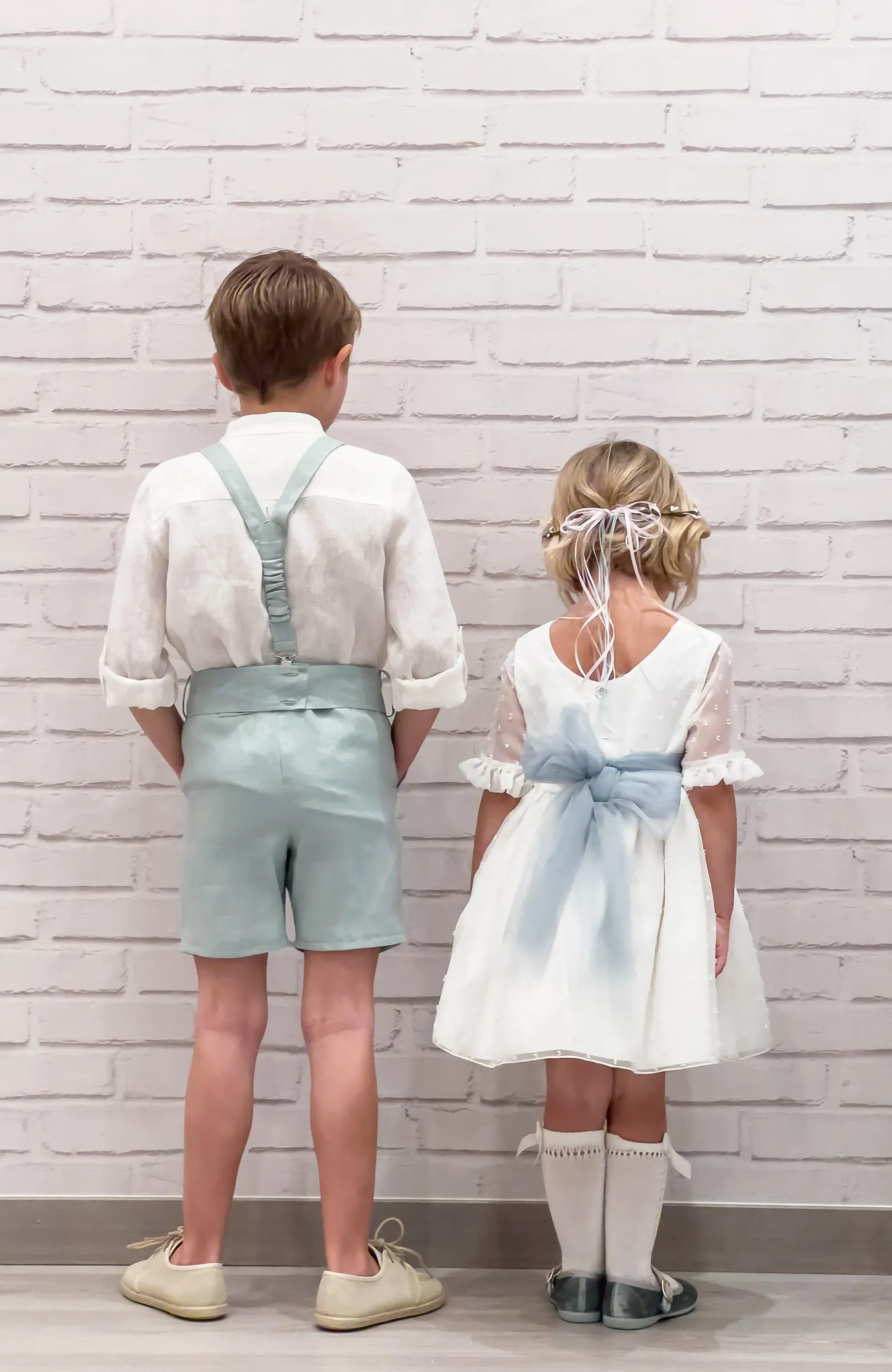Vestido niña Ceremonia manga francesa fajín verde con lazada , ideal para arras