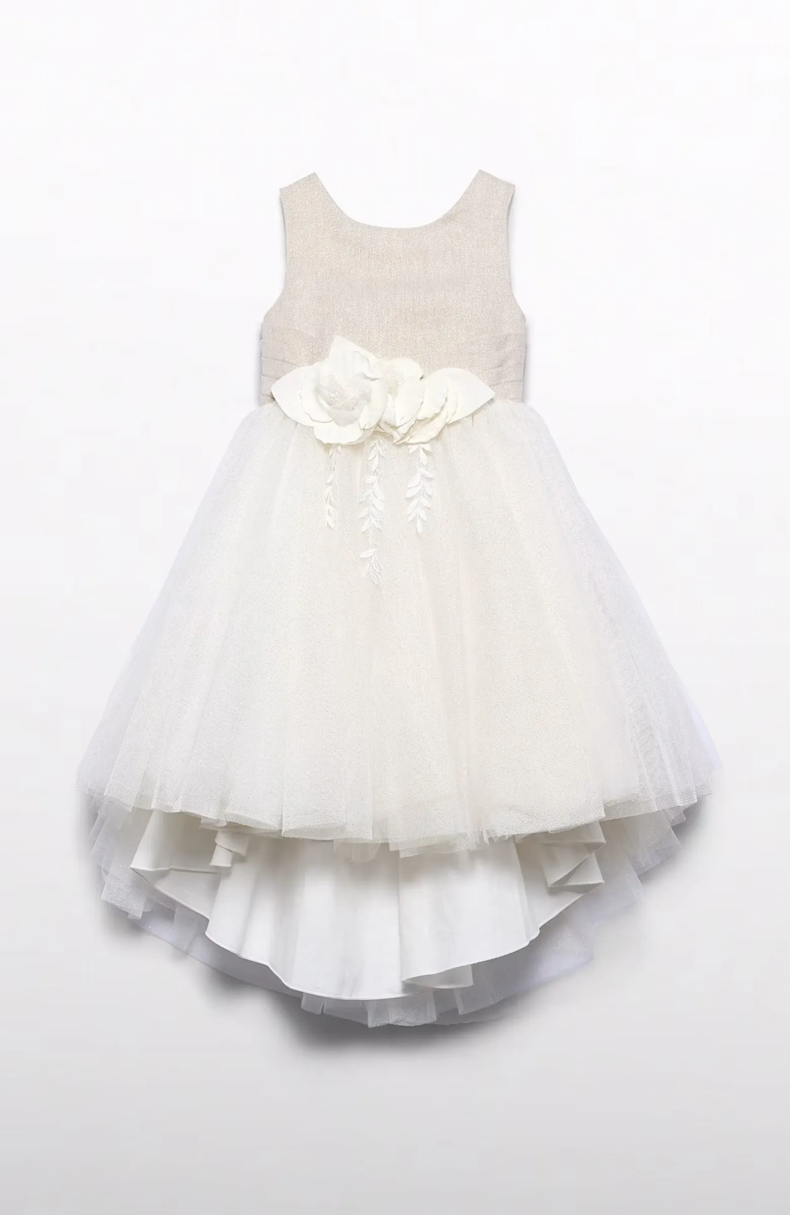 Vestido de princesa dorado con brillo para niña, con colita atras