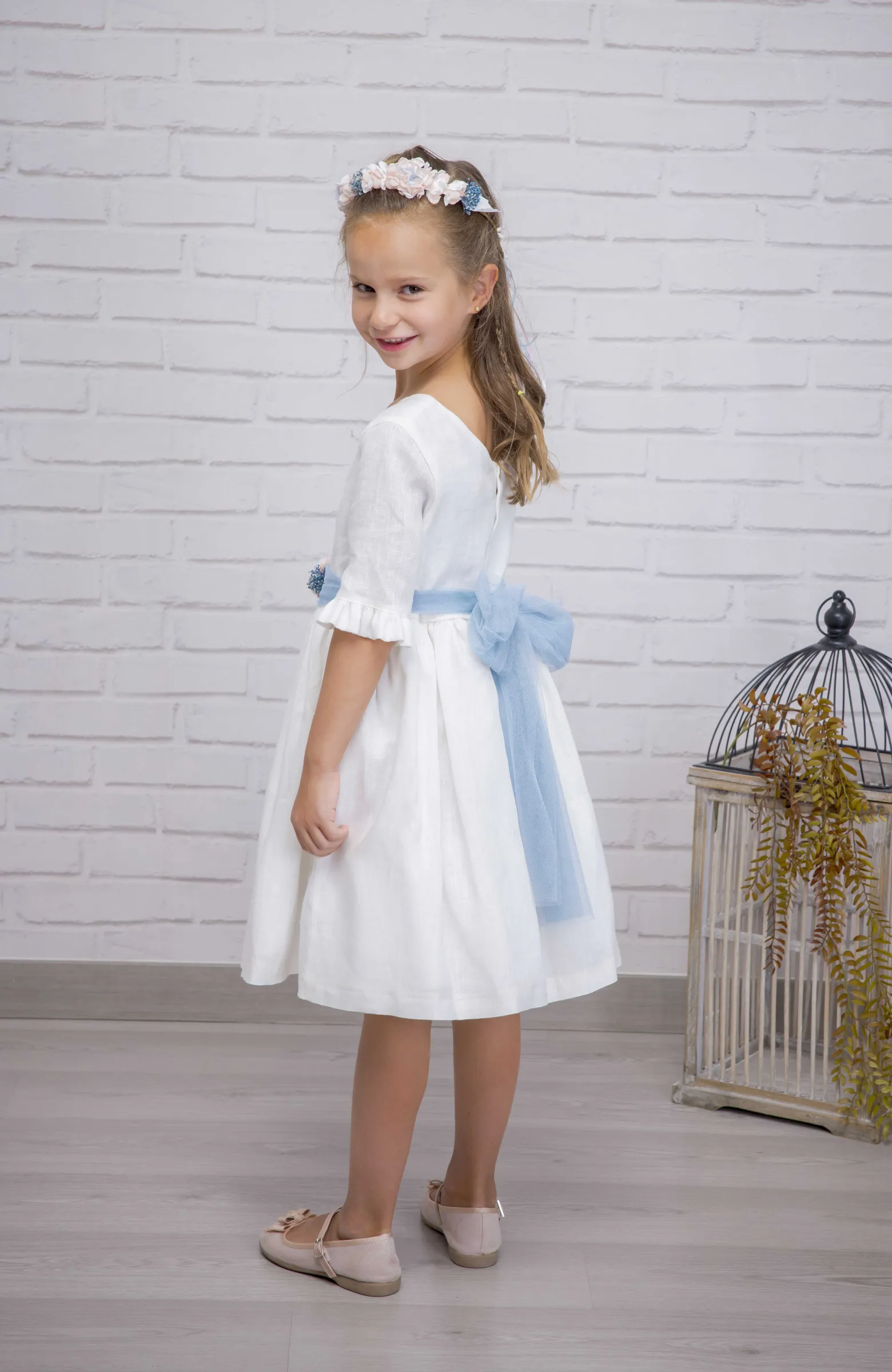 Vestido niña Arras lino fajín azul Lua