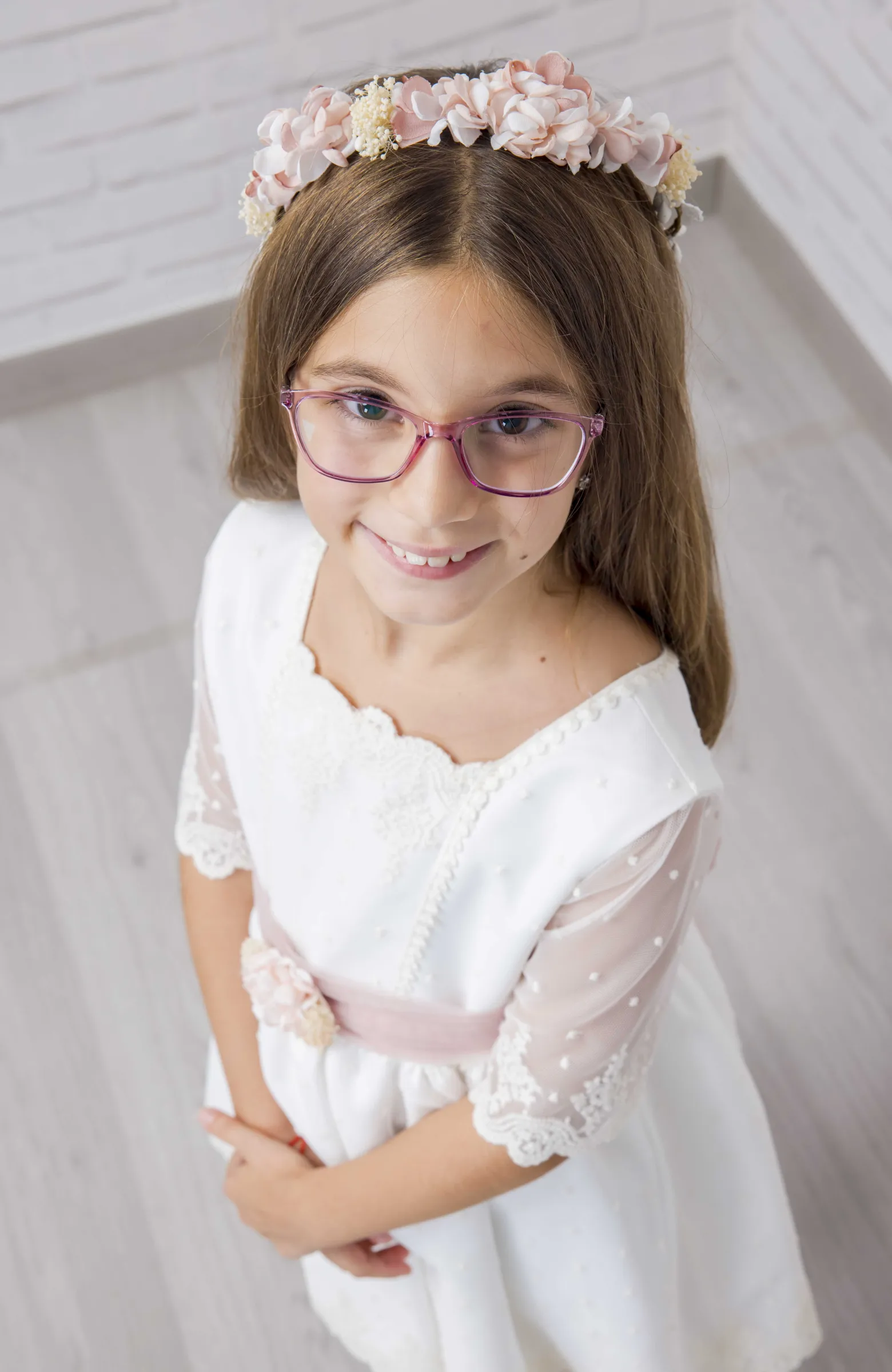 Vestido Arras niña con fajín rosa Kiara