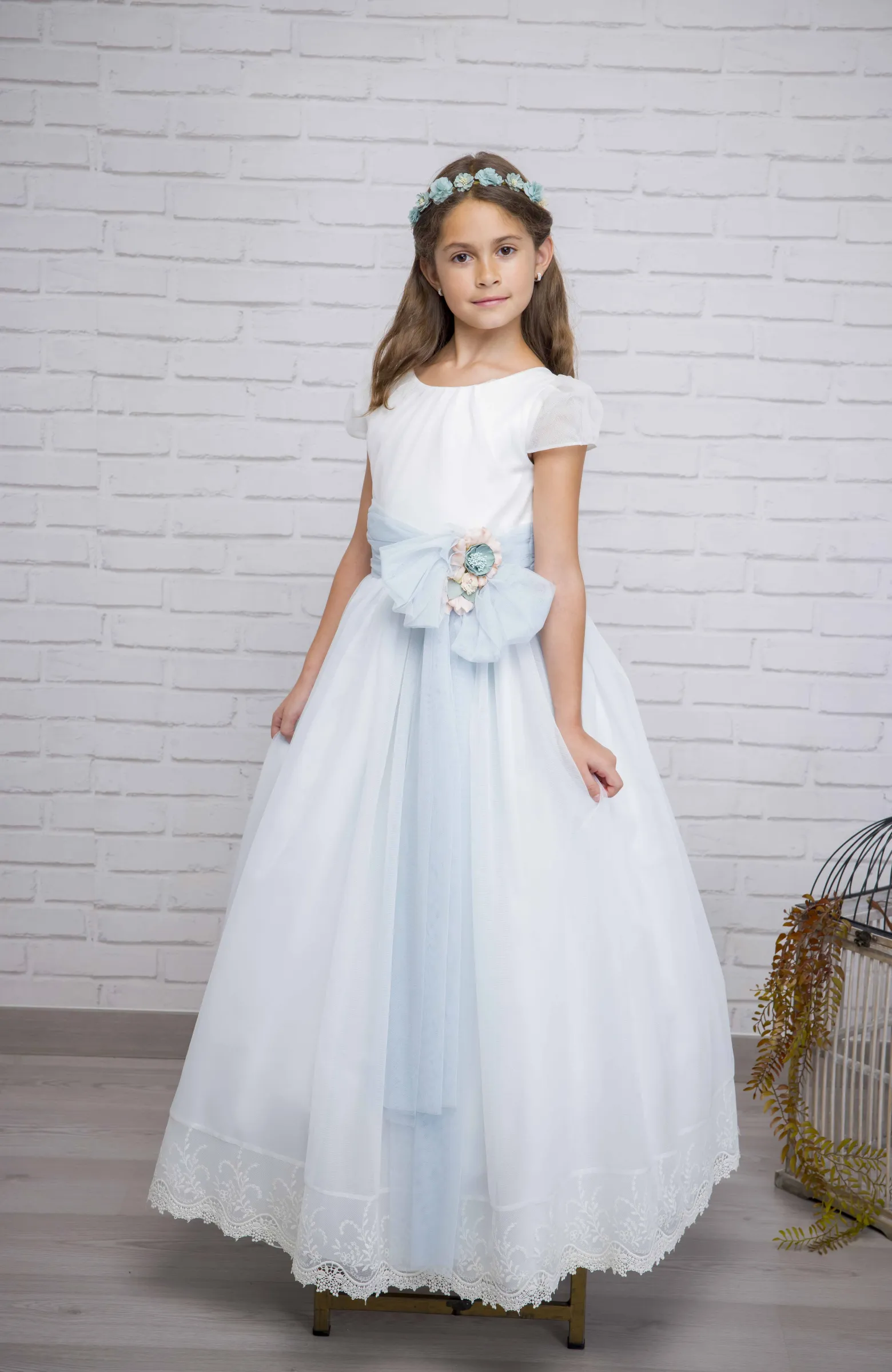 Vestido Comunión niña falda verde agua Dulce
