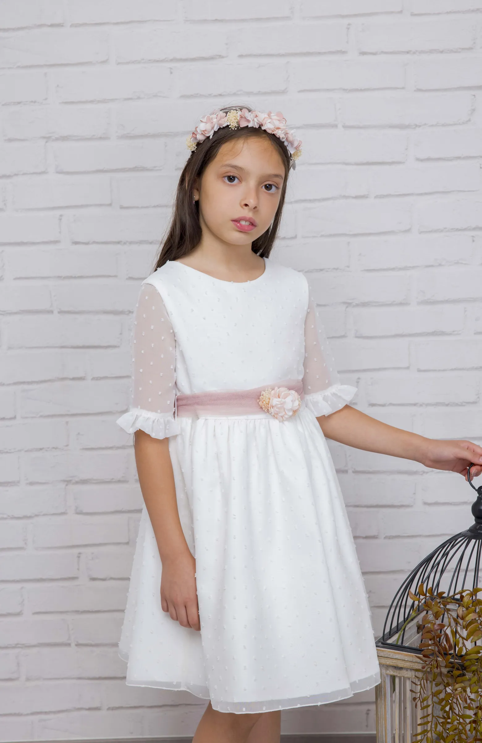 Vestido niña ceremonia plumeti fajin rosa Gala