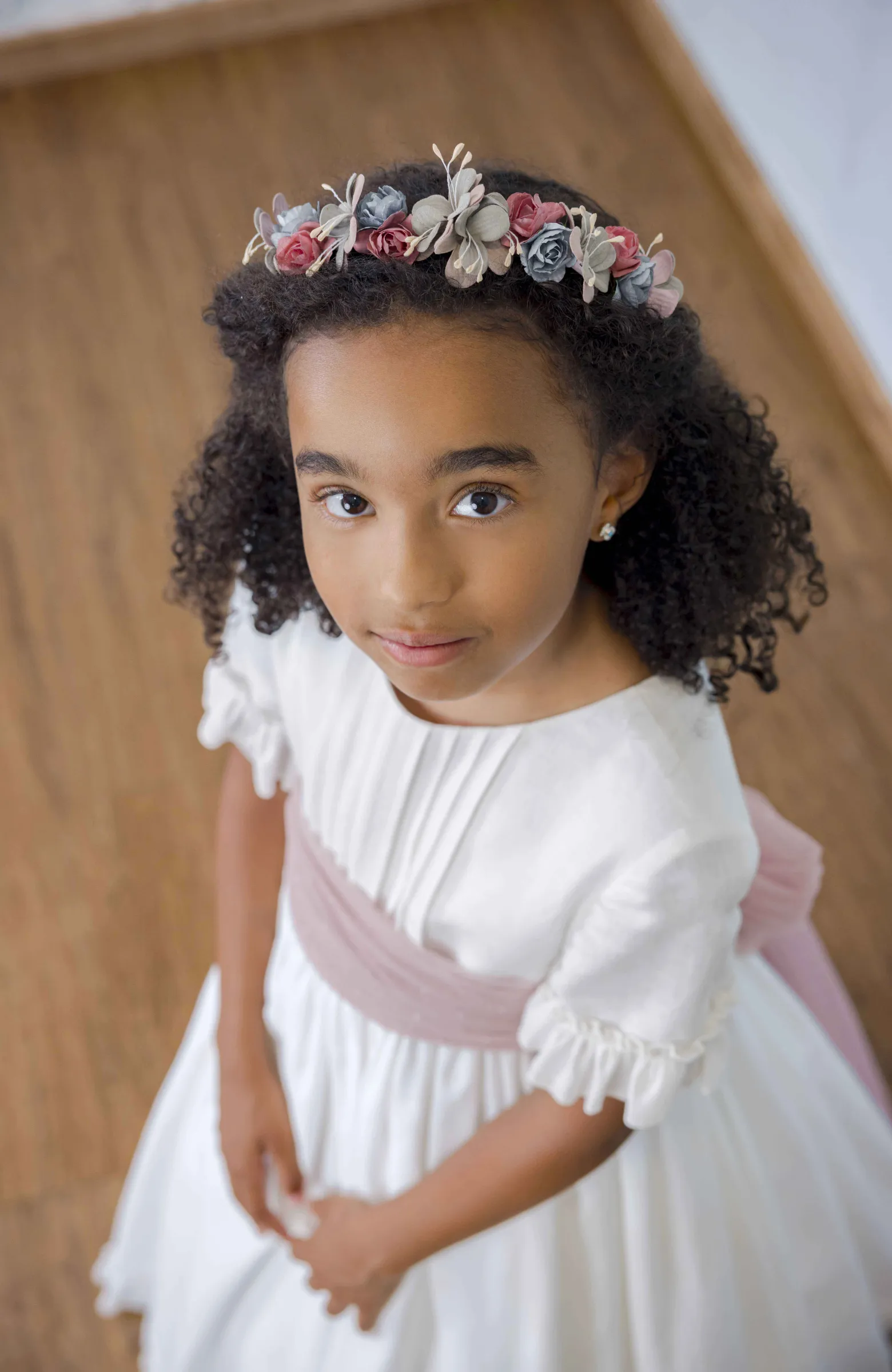 Vestido Comunión niña lino fajín rosa Corina