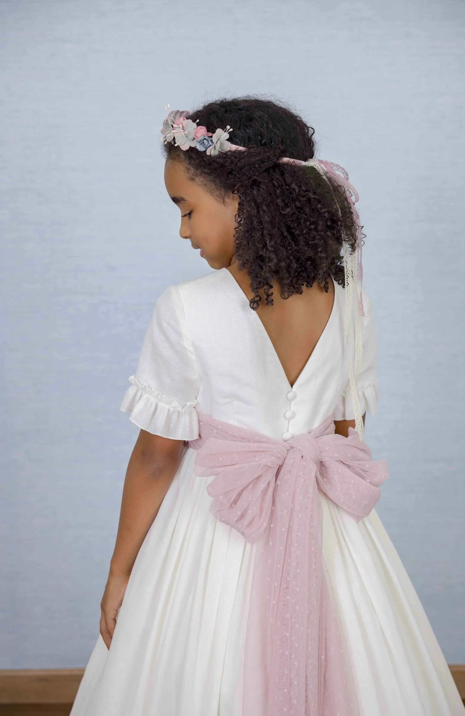 Vestido Comunión niña lino fajín rosa Corina