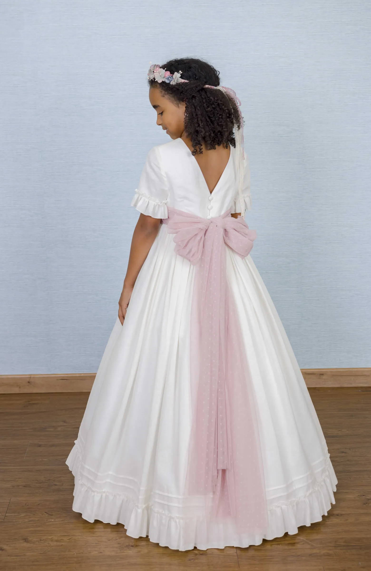 Vestido Comunión niña lino fajín rosa Corina