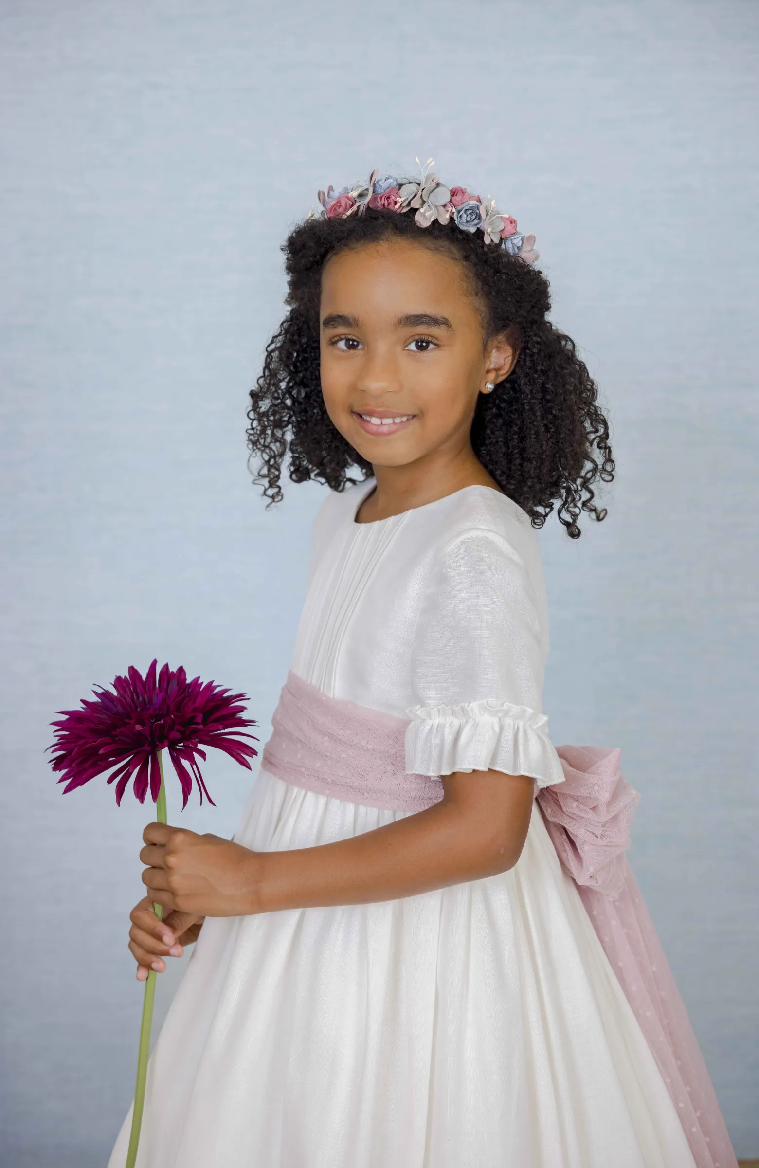 Vestido Comunión niña lino fajín rosa Corina