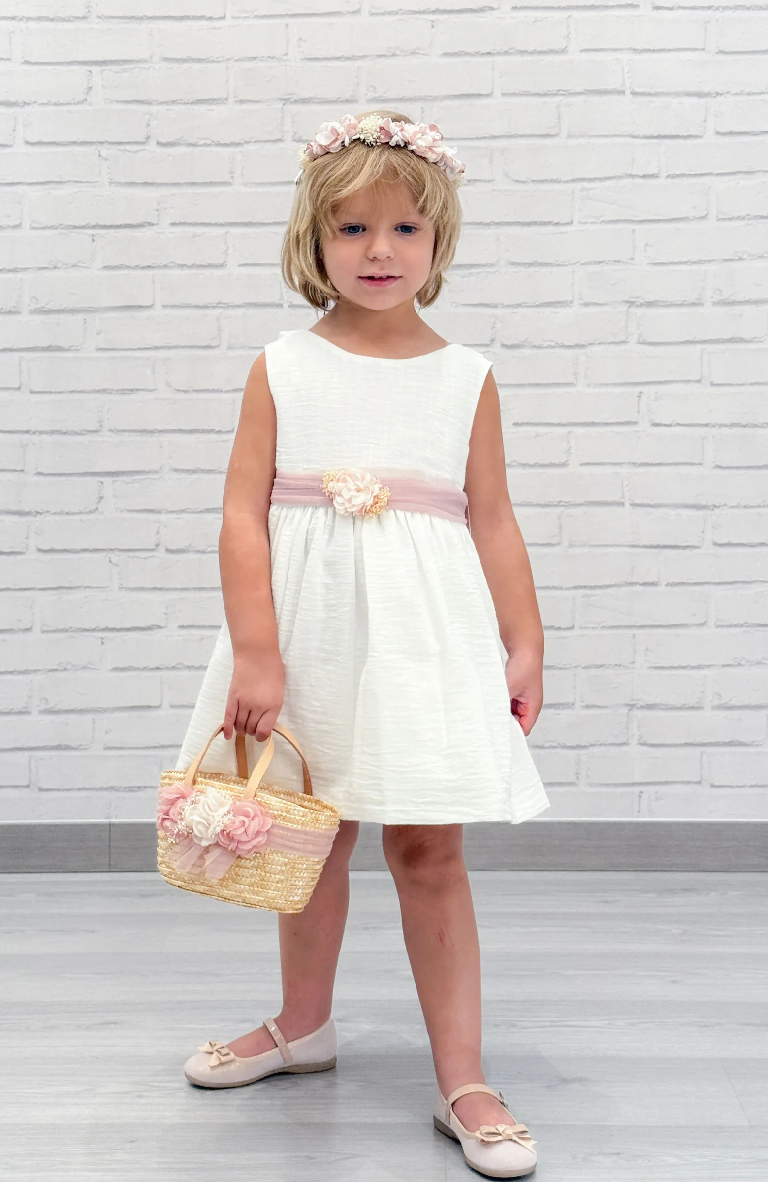 Vestido niña Ceremonia Bambula fajín rosa Vestido niña Ceremonia Bambula fajín rosa